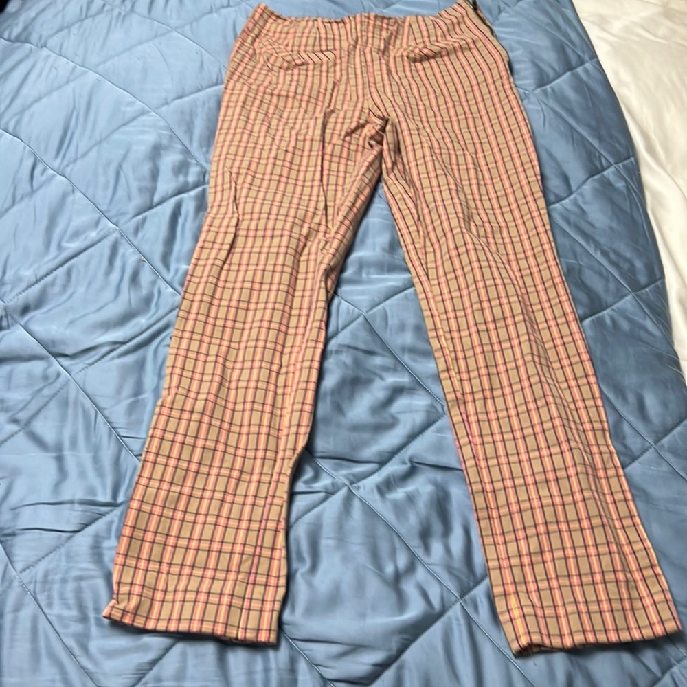 Anthropologie slim essential pant, side zip, tan, pink, blue plaid, size 0